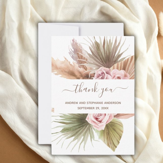 Pink Beige Green Floral Botanical Boho Wedding  Thank You Card (Pink beige and green boho floral botanical wedding thank you card)
