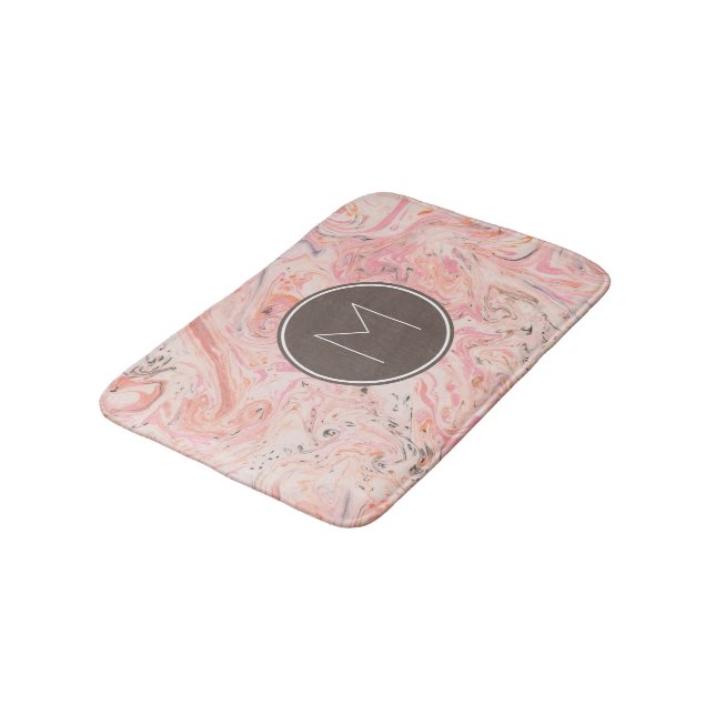 Pink Beige Grey Marble Monogram Bath Mat (Angled)