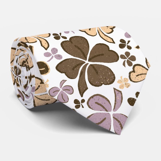 Pink Beige Lucky Clover Shamrock Pattern Tie (Rolled)
