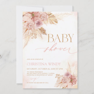 Pink Beige Pampas Garden Baby Girl Shower Invites