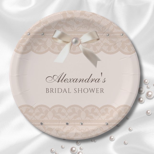Pink Beige Regency Satin Bow Bridal Shower Paper Plate (Creator Uploaded)