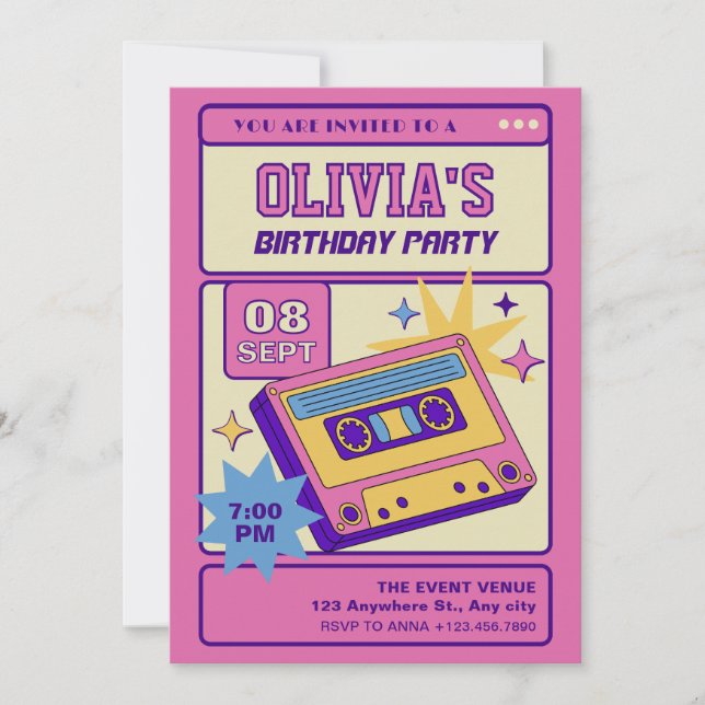 Pink beige retro music party cassete  invitation (Front)