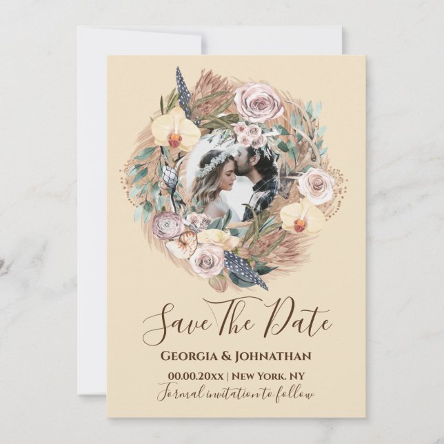 Pink beige rustic floral wreath photo boho beige save the date (Front)