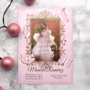 Pink, Beige Vintage Butterfly Quinceanera Invite