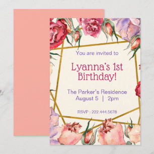 Pink Beige Watercolor Roses Birthday Invitation