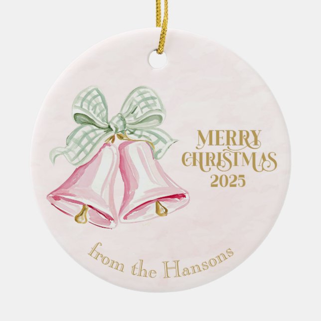 Pink Bells with Green Gingham Coquette Bows Ceramic Ornament (Front)