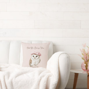 Pink Beret Brown White Owl Be Seeing You Cushion