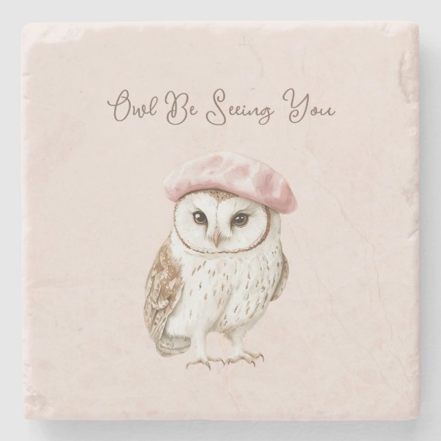 Pink Beret Brown White Owl Be Seeing You Stone Coaster (Front)