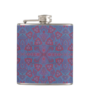 Pink berries, 70s style floral pattern blue purple hip flask