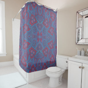 Pink berries, 70s style floral pattern blue purple shower curtain