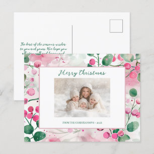 Pink Berries Floral Photo Christmas Postcard
