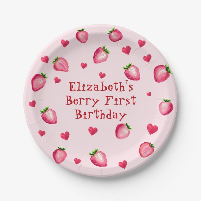 Pink Berry First Birthday Strawberry Party Hearts Paper Plate (Front)