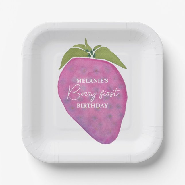 Pink Berry First Birthday Watercolor Custom Paper Plate (Front)