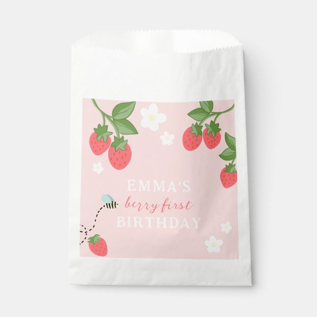 Pink Berry First Girls Strawberry 1st Birthday Favour Bag (Front)
