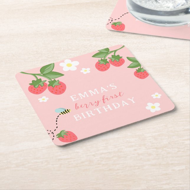 Pink Berry First Girls Strawberry 1st Birthday Square Paper Coaster (Angled)