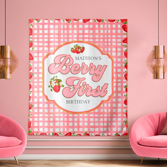 Pink Berry First Red Strawberry Birthday Backdrop Tapestry (Creator Uploaded)