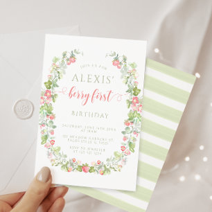 Pink Berry first strawberry birhtday invitation