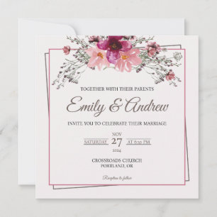 Pink Berry Frame Floral Watercolor Square Wedding Invitation