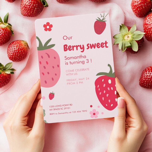Pink Berry Sweet Birthday with Strawberry Invitation (Creator Uploaded)