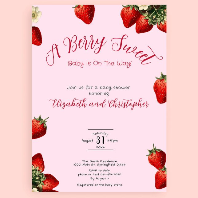 Pink Berry Sweet Red Strawberry Girl Baby Shower Invitation (Creator Uploaded)