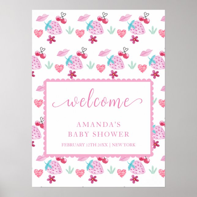 Pink Berry Sweet Sweetheart Baby Shower Welcome  Poster (Front)