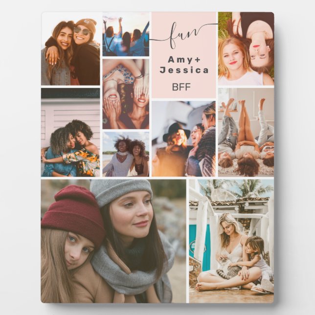 Pink Best friends bff script 10 photo collage grid Plaque (Front)