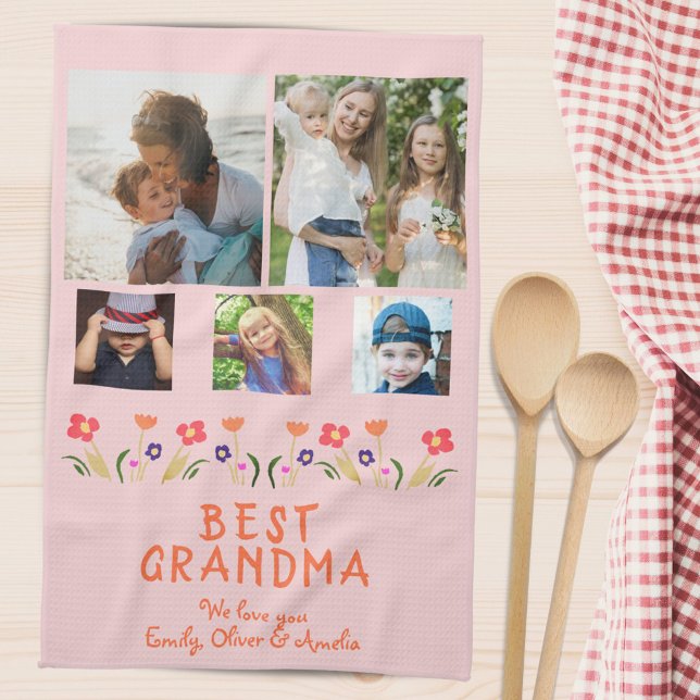 Pink Best Grandma Flowers 5 Photo Collage Keepsake Tea Towel (Creator Uploaded)