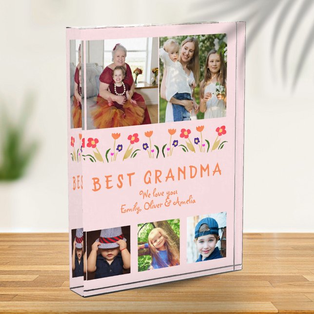 Pink Best Grandma Flowers Floral Family Photo Block (Creator Uploaded)