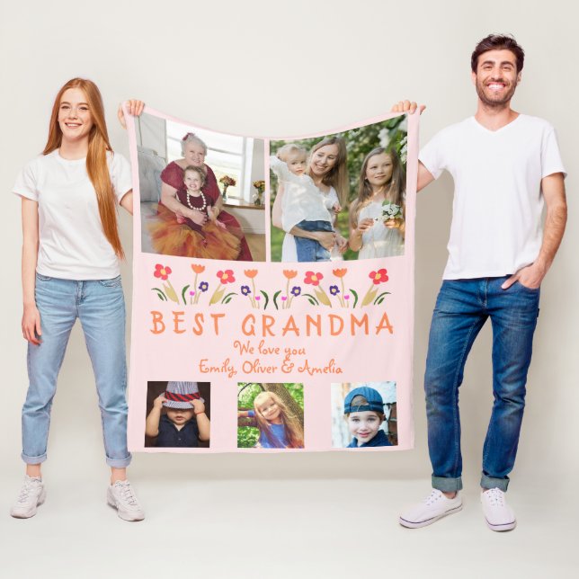 Pink Best Grandma Flowers Photo Collage Fleece Blanket (In Situ)