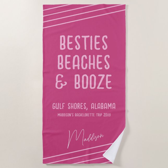 Pink Besties Beaches Booze Girls Trip Personalised Beach Towel (Front)