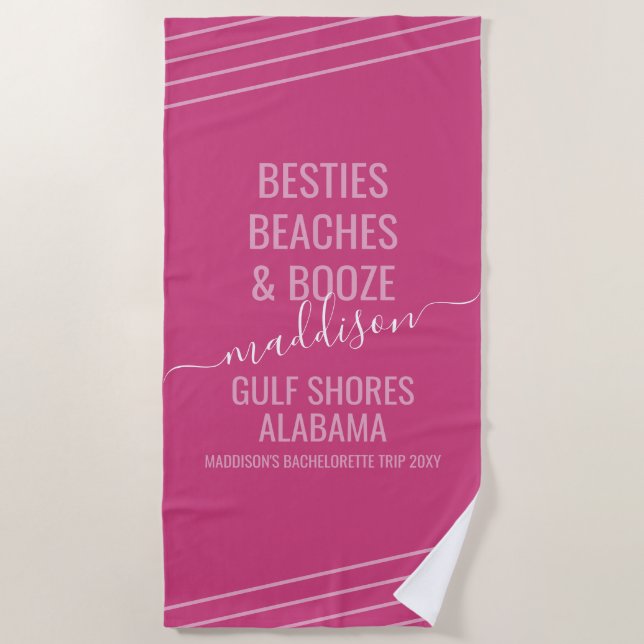 Pink Besties Beaches Booze Name  Beach Towel (Front)