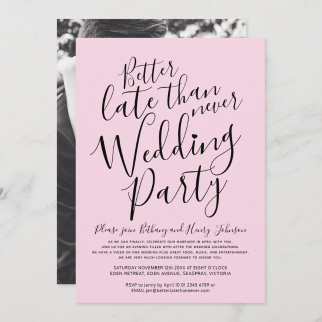 Pink better late than never post wedding party invitation (Front/Back)