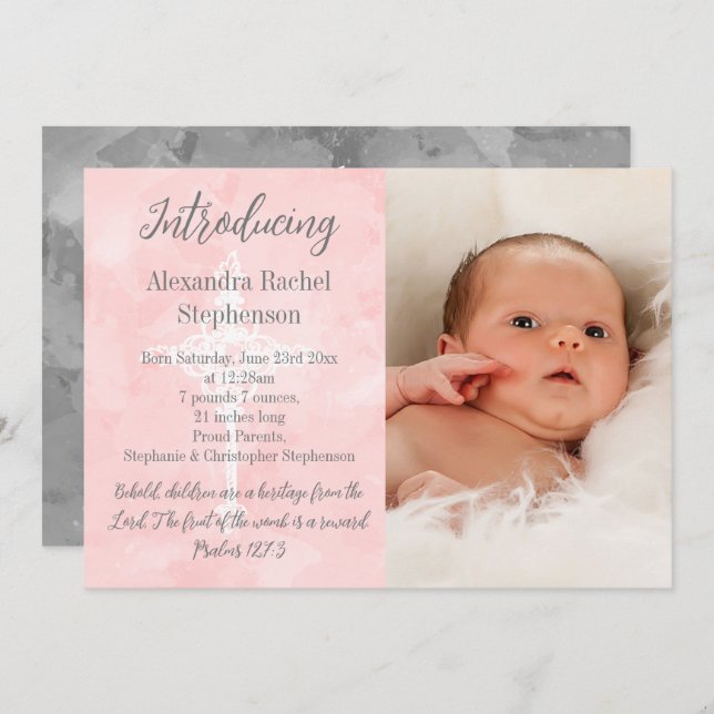 Pink Bible Verse Cross Baby Girl Photo Birth  Announcement (Front/Back)