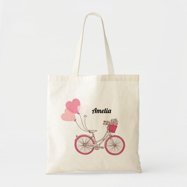 Pink Bicycle and Heart Balloons Personalised Bag (Front)