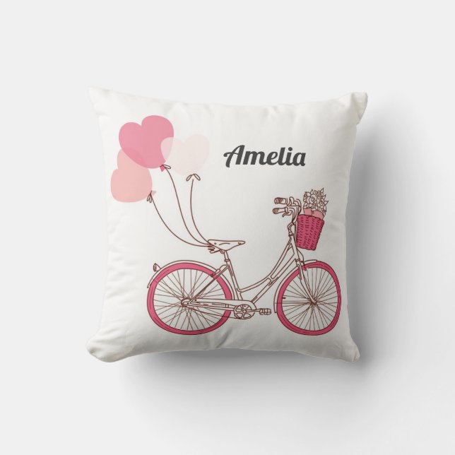 Pink Bicycle and Heart Balloons Personalised Cushion (Front)