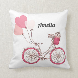 Pink Bicycle and Heart Balloons Personalised Cushion