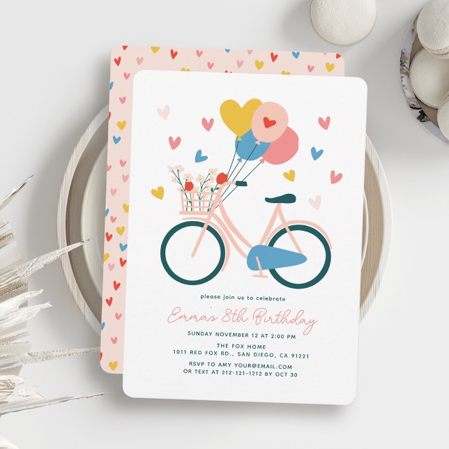 Pink Bicycle Balloons & Hearts Girl Birthday Invitation (Creator Uploaded)