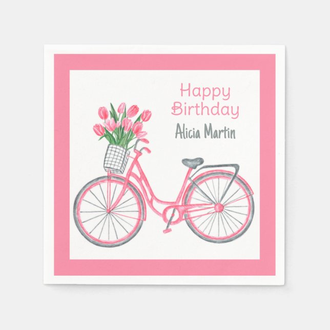 Pink Bicycle Basket Tulip Flower Any Age Birthday Napkin (Front)