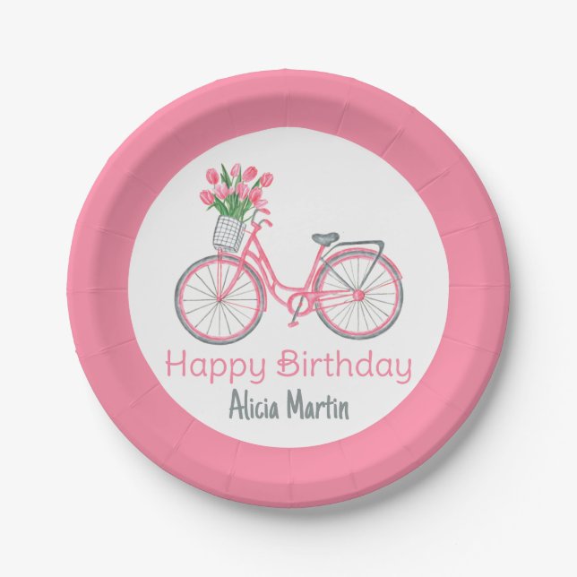 Pink Bicycle Basket Tulip Flower Any Age Birthday Paper Plate (Front)