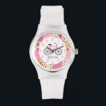 Pink Bicycle & Patchwork Pattern Watch<br><div class="desc">A watch featuring an illustration of a pink bike.  Personalise with your name.  Background is patchwork inspired design which incorporates gingham,  polka dot,  chevron zigzag,  stripes,  paisley,  and floral patterns.</div>