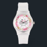 Pink Bicycle & Patchwork Pattern Watch<br><div class="desc">A watch featuring an illustration of a pink bike.  Personalise with your name.  Background is patchwork inspired design which incorporates gingham,  polka dot,  chevron zigzag,  stripes,  paisley,  and floral patterns.</div>