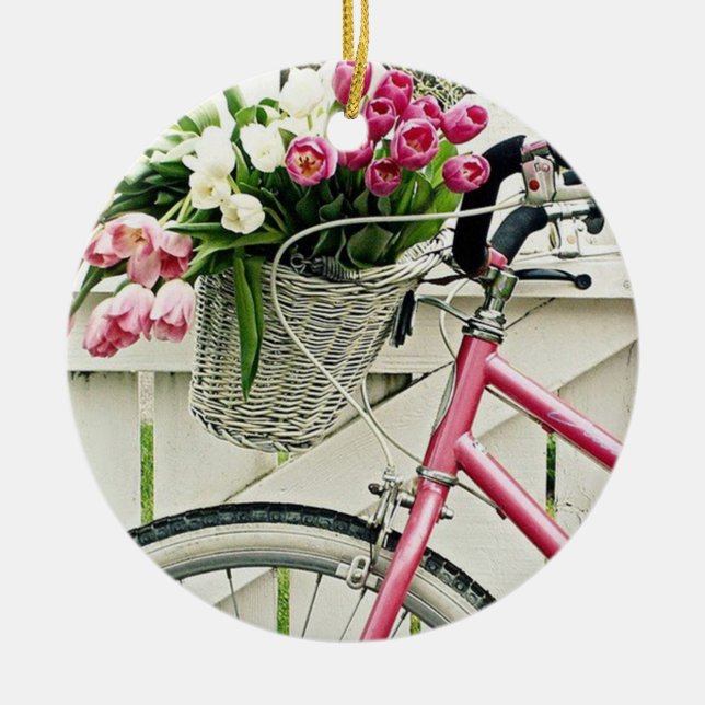 PINK "BICYCLE" WITH BASKET FLOWERS CERAMIC ORNAMENT (Front)