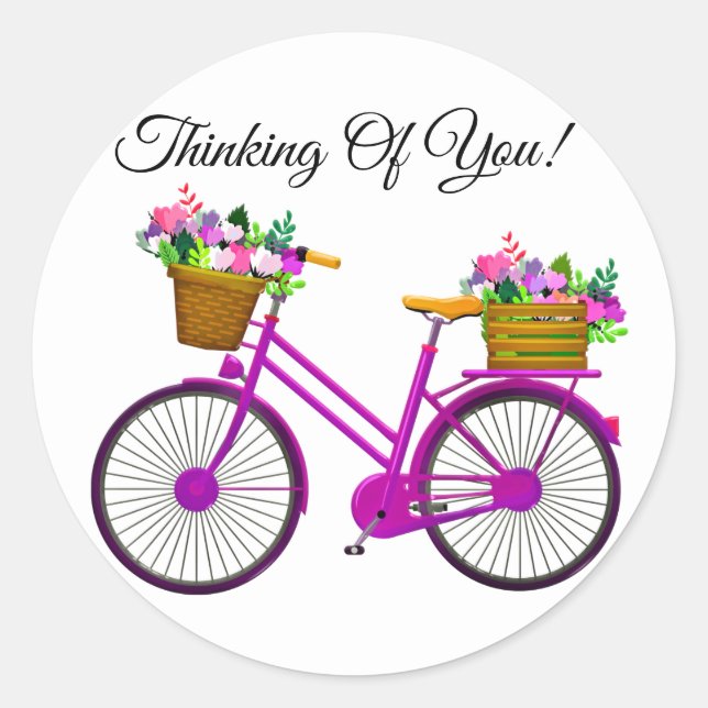 Pink Bicycle With Basket Of Flowers Classic Round Sticker (Front)