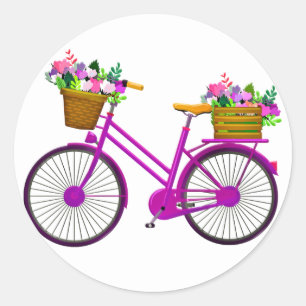 Pink Bicycle With Basket Of Flowers - Classic Round Sticker