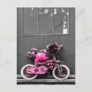 Pink bicycle with pink flowers and feathers postcard