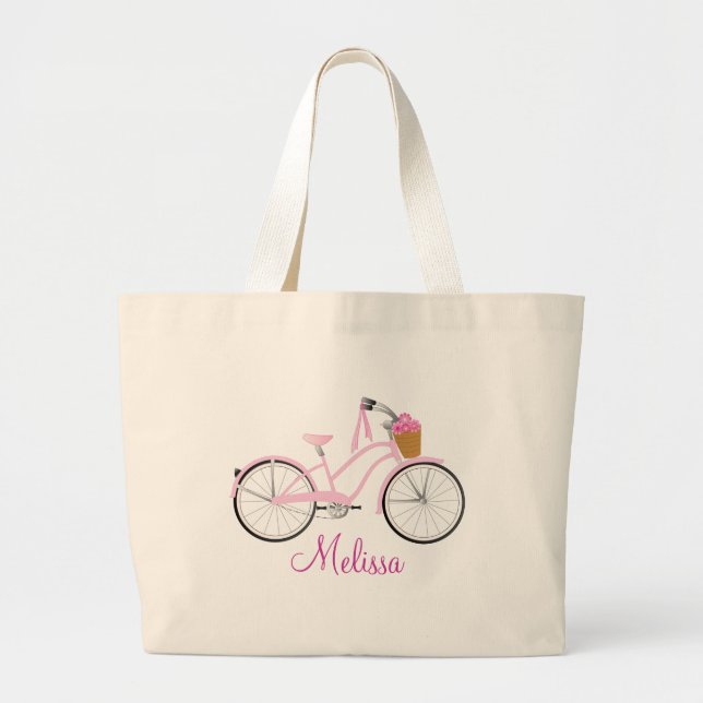 Pink Bicycle with Streamers Large Tote Bag (Front)