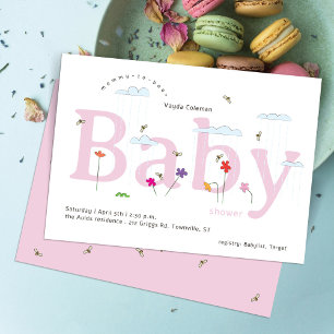 Pink Big Baby Spring Bee Scene Baby Shower Invitation