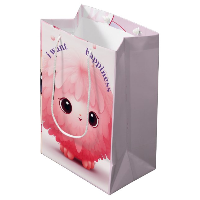 Pink Big-eyed Furball Cartoon Character Medium Gif Gift Bag (Front Angled)