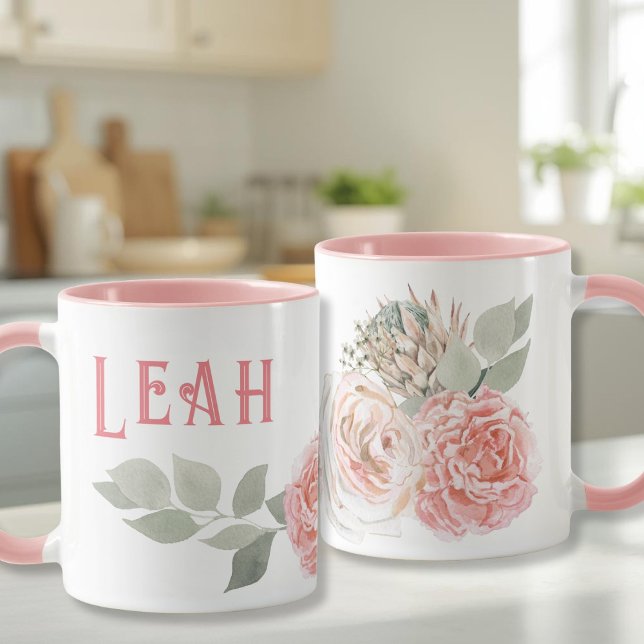Pink big letters name mug Watercolor flowers (Pink big letters name mug Watercolor flowers)