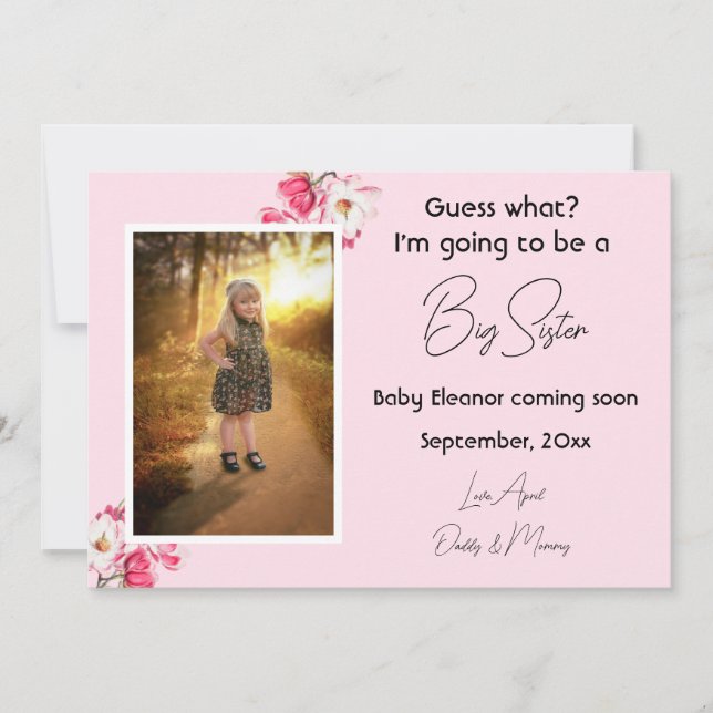 Pink Big Sister Pregnancy Photo Announcements (Front)